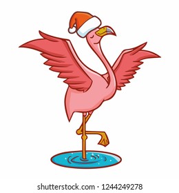 Funny and cute flamingo wearing Santa's hat for christmas, and doing a cool pose - vector