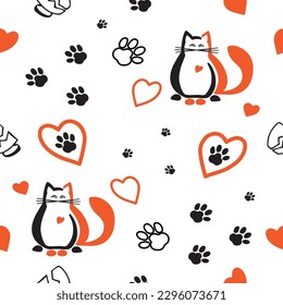 Funny cute flat art seamless cartoon pattern with black and ginger cats, hearts, cat paw prints and broken mugs in contrast bright red and black colors in white background svg
