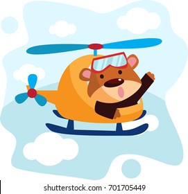 funny cute flat bear cartoon in helicopter wearing goggle glass for kid and children in kindergarten in blue background