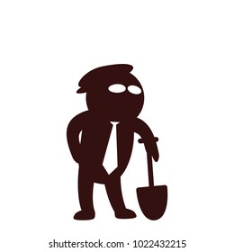 Funny and cute flat cartoon character -  worker, wearing necktie and cap, standing and leaning on shovel. Use for presentation, status, avatar or usericon