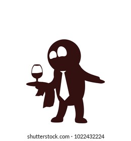 Funny and cute flat cartoon character -  waiter with necktie, tray and towel, standing and serving wine glass. Use for presentation, status, avatar or usericon