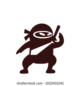 Funny and cute flat cartoon character -  ninja with sword and necktie, standing aggressively. Use for presentation, status, avatar or usericon
