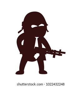 Funny and cute flat cartoon character -  soldier with rifle, wearing helmet and necktie, standing aggressively. Use for presentation, status, avatar or usericon