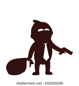 Funny and cute flat cartoon character -  businessman with necktie, dressed like bank robber, with mask, gun and sack, standing and gesticulating. Use for presentation, status, avatar or usericon