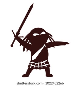 Funny and cute flat cartoon character -  medieval scottish chieftain with two-handed sword, wearing kilt and necktie, raises attack. Use for presentation, status, avatar or usericon