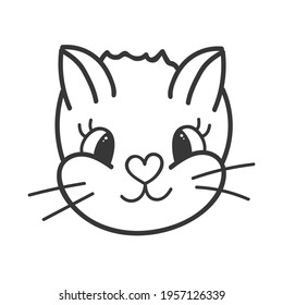 Funny and cute fluffy cat face close up with playful emotion. Trendy stylized clipart with hand drawn vector outline. Suitable for stickers, planners, scrap elements, social media, posters. Isolated.