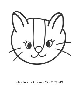 Funny and cute fluffy cat face close up with happy emotion. Trendy stylized clipart with hand drawn vector outline. Suitable for stickers, planners, scrap elements, social media, posters. Isolated.
