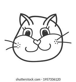 Funny and cute fluffy cat face close up with happy smile. Trendy stylized clipart with hand drawn vector outline. Suitable for stickers, planners, scrap elements, social media, posters. Isolated.