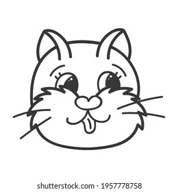 Funny and cute fluffy cat face close up with playful emotion. Trendy stylized clipart with hand drawn vector outline. Suitable for stickers, planners, scrap elements, social media, posters. Isolated.