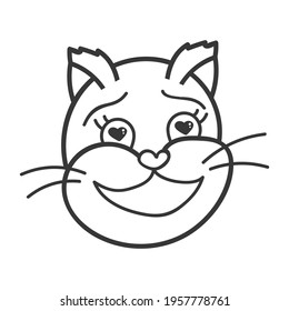 Funny and cute fluffy cat face close up with enamored emotion. Trendy stylized clipart with hand drawn vector outline. Suitable for stickers, planners, scrap elements, social media, posters. Isolated.