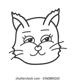 Funny and cute fluffy cat face close up with insidious emotion. Trendy stylized clipart with hand drawn vector outline. Suitable for stickers, planner, scrap elements, social media, poster. Isolated.