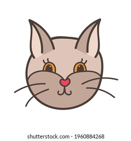 Funny and cute fluffy cat face close up with happy emotion in brown colors. Trendy stylized clipart with hand drawn vector outline. Suitable for stickers, planners, scrap elements, social media.
