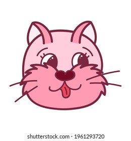 Funny and cute fluffy cat face close up with playful emotion in pink colors. Trendy stylized clipart with hand drawn vector outline. Suitable for stickers, planners, scrap elements, social media.