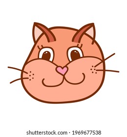 Funny and cute fluffy cat face close up with happy emotion in brown colors. Trendy stylized clipart with hand drawn vector outline. Suitable for stickers, planners, scrap elements, social media.