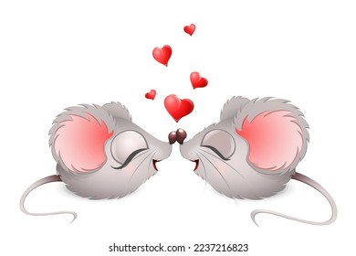 Funny cute fluffy mouse couple in love touching each other with their noses, with hearts over them