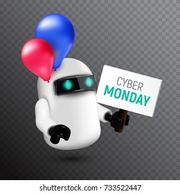 Funny and cute flying robot with red and blue balloons holding a sign in his hand. Realistic vector illustration to cyber monday on transparent background. Can be used for advertising design your site