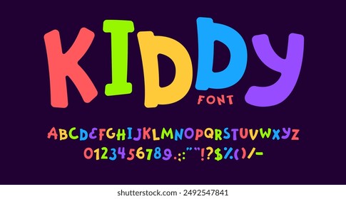 Funny cute font, childish type, game play typeface. Cartoon children english alphabet vector typography, funky bold colorful letters and numbers font. Kids education funny cute abc symbols typeface