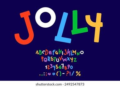 Funny cute font, children game type, comic typeface, creative childish english alphabet. Vector fun colorful letters and numbers typography set. Cartoon funky abc font with cute groovy characters