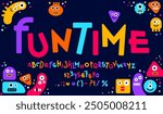 Funny cute font, comic typeface, children game type, creative childish english alphabet with cartoon color monster characters. Funky letters and numbers font, cute funny abc characters and symbols