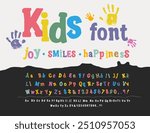 Funny cute font, kids type big and small. Cartoon children english alphabet vector typography, funky bold colorful letters, numbers font. Kids game play typeface education cute abc symbols typeface.