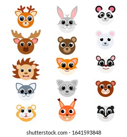 Funny cute forest animal heads. Cartoon characters. Flat vector stock illustration on white background. Cute deer, hare, fox, wolf, bear, hedgehog, hamster, squirrel, raccoon, beaver, skunk.