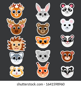 Funny cute forest animals head stickers. Cartoon characters. Flat vector stock illustration. Cute deer, hare, fox, wolf, bear, hedgehog, hamster, squirrel, raccoon, beaver, skunk, badger, moose.
