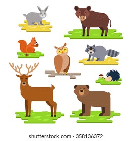 Funny and cute forest animals set flat vector illustration with hare, wild boar, squirrel, owl, raccoon, hedgehog, deer, bear on the piece of land isolated on white background.