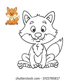 Funny cute fox. Black and white picture for coloring book with a colorful example. In cartoon style. Isolated on white background. Vector illustration.
