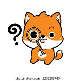 Funny Cute Fox Cartoon looks attentively in a magnifying glass. Detective Cartoon.