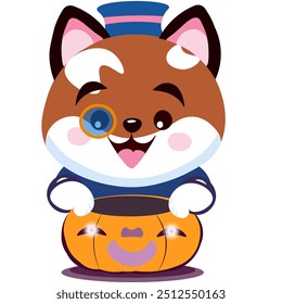 A funny cute fox cub dressed up for the Halloween holiday and brought a pumpkin Jack Lantern. Holiday card, sticker or gift card. Vector illustration