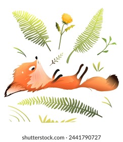 Funny cute fox laying on its back in the forest. Illustrated hilarious character for kids. Playful and mischief fox cartoon and forest nature. Isolated vector clipart for children in watercolor style.