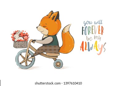 Funny and cute fox on a bicycle with a hare in a basket and spring flowers. Good mood. Template for design elements, postcard, banners, card invitation. Vector illustration.