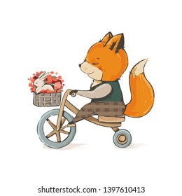 Funny and cute fox on a bicycle with a hare in a basket and spring flowers. Good mood. Template for design elements, postcard, banners, card invitation. Vector illustration.