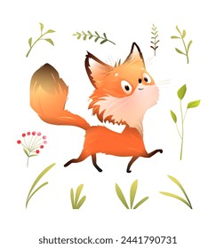 Lustiger süßer Fuchs, der im Wald spaziert. Illustrierter lustiger Charakter für Kinder. Fuchs Cartoon und Wald Natur Blätter und Gras Elemente. Isolierte Vektor-Clipart für Kinder im Aquarell-Stil.