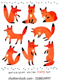 Funny and cute foxes. Watercolor vector set