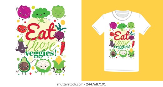 Funny, cute and fresh vector design with veggies such as broccoli, cabbage, salad, beetroot, cauliflower, corn, avocado, tomato, pepper. Vector scalable file ready to be printed on bags, t-shirts.