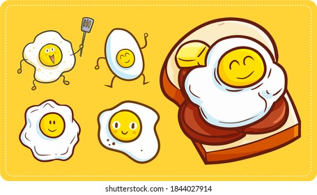 Funny and cute fried eggs collection in many different poses