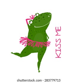 Funny Cute Frog with Crown Dancing. Green fairy tale frog asking for a kiss hand drawn illustration. 