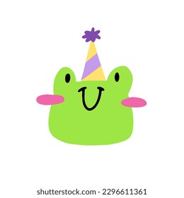 Funny cute frog with a festive cap on his head. Birthday. 
Vector children's naive hand-drawn illustration. Isolated on a white background.