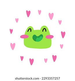 Funny cute  frog and hearts.
Vector children's naive hand-drawn illustration. Isolated on a white background.
