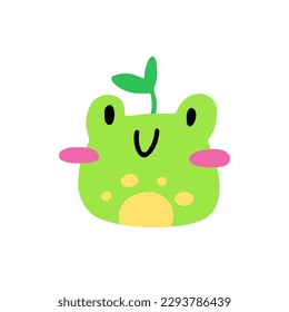 Funny cute frog with a plant on his head.
Vector children's naive hand-drawn illustration. Isolated on a white background.