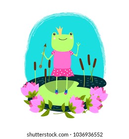 Funny cute frog princess.Vector illustration. 