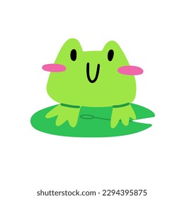 A Funny cute  frog sits on a lily pad. 
Vector children's naive hand-drawn illustration. Isolated on a white background.