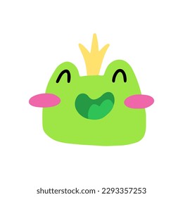 Funny cute frog with a yellow crown on his head.
Vector children's naive hand-drawn illustration. Isolated on a white background.