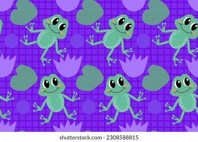 Funny and cute frogs are dancing in their lake, between waterlily flowers. Seamless vector childish pattern for design and decoration.