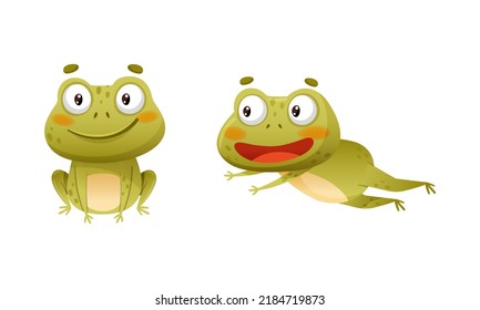 Funny cute frogs in various poses. Lovely amphibian animal character sitting and happily jumping vector illustration