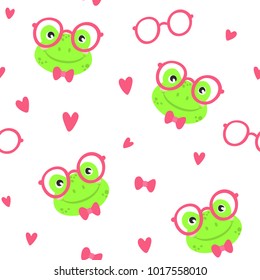 Funny cute frogs, vector seamless pattern. 