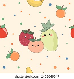Funny Cute Fruit Character Seamless Pattern Background. Fruit Kawaii Cartoon Character Fabric Textile Swatch Template. Kawaii Funny Cute Seamless Fruit Doodle Symbol Vegetarian Theme Seamless Print.