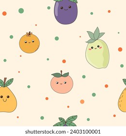 Funny Cute Fruit Character Seamless Pattern Background. Fruit Kawaii Cartoon Character Fabric Textile Swatch Template. Kawaii Funny Cute Seamless Fruit Doodle Symbol Vegetarian Theme Seamless Print.