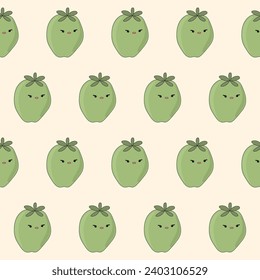 Funny Cute Fruit Character Seamless Pattern Background. Fruit Kawaii Cartoon Character Fabric Textile Swatch Template. Kawaii Funny Cute Seamless Fruit Doodle Symbol Vegetarian Theme Seamless Print.